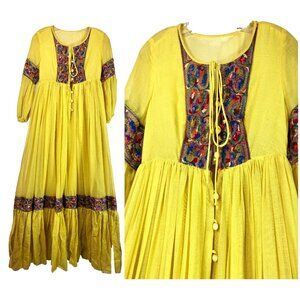 Vintage 70s Cotton Gauze Summer Prairie Peasant Dress Neuster's Embroidery